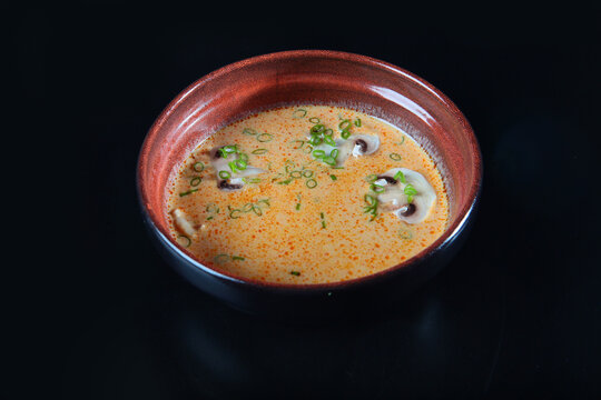 Spicy creamy soup with mushrooms and green onions in ceramic bowl. Spicy creamy mushroom soup in dark ceramic bowl. Sliced mushrooms and scallions garnish. Gourmet appetizer