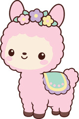 Fototapeta premium Cute kawaii llama wearing a small flower crown, floral accessory, vector illustration