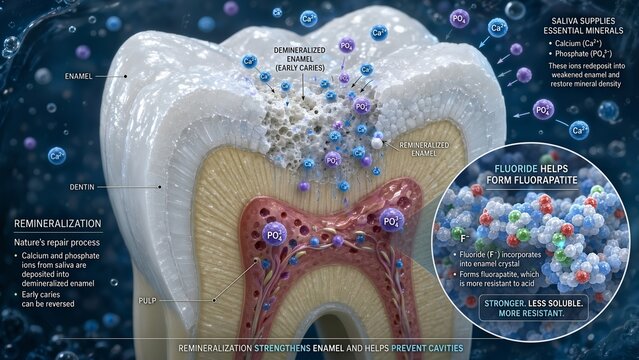 3d medical illustration of tooth model showing remineralization, calcium and phosphate ions from saliva reversing early caries, with a zoomed inset of fluoride role in forming fluorapatite crystals