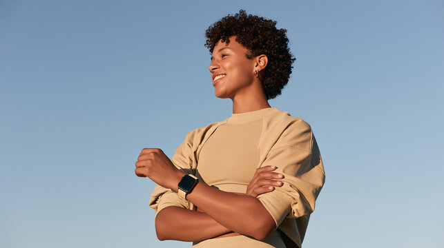 Young black woman smiling outdoors wearing smartwatch against blue sky  