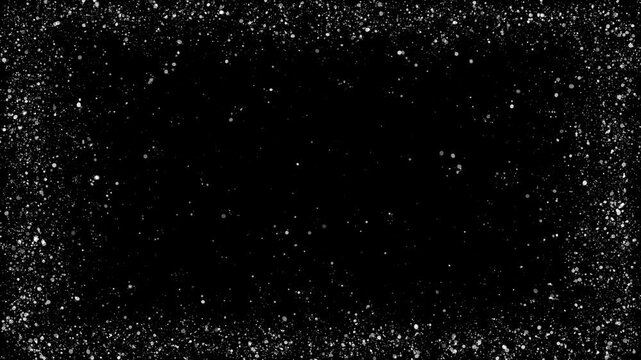 White snow particles frame border moving on black alpha channel background
