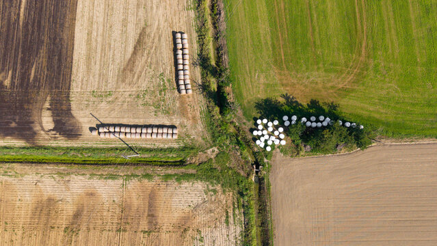 Aerial view of fresh hay bales arranged in rows and clusters within agricultural fields, featuring contrasting textures of soil and grass in San Giuliano Milanese, Lombardy, Italy.