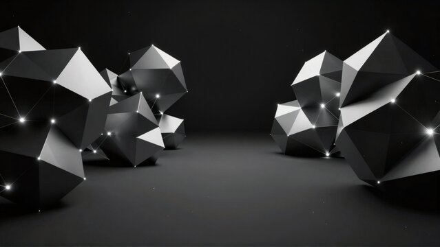 group six black white geometric shapes arranged row dark background shapes appear multiple triangular triangular polygons one having unique shape size polygons connected thin white lines creating