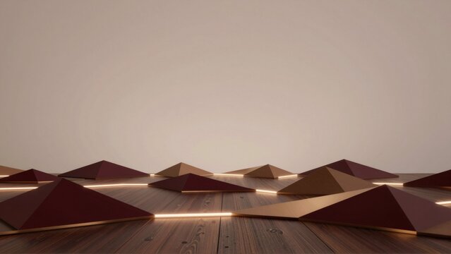 group triangular shaped objects arranged grid like pattern wooden surface objects appear wood different shades brown beige background plain white wall objects illuminated warm yellow light overall