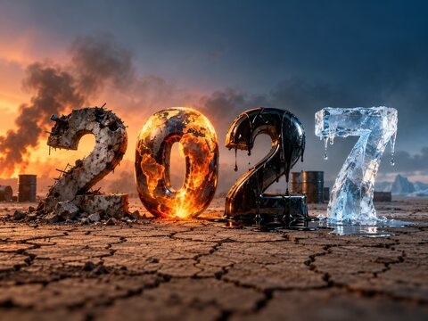 Symbolic 2027 numbers depicting war, a burning Earth, oil and melting ice amid a ruined landscape.