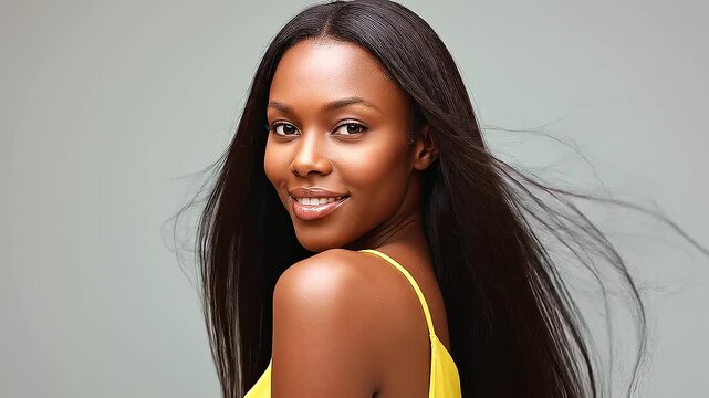 Portrait of a young African woman with long straight hair, hair care, makeup and healthy hair, beauty routine, sleek hairstyle, skincare and personal care concept