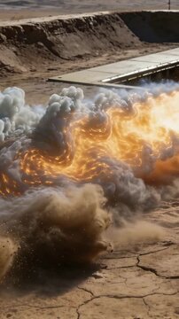 Vertical video: Pulsing golden core pushing smoke plume across basin near ramp, scattering embers