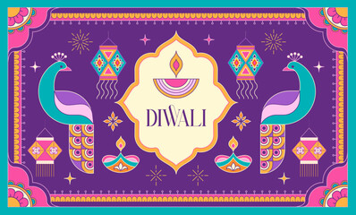 Colorful Diwali background with peacocks, Diya lamps, lanterns and abstract decorative design elements. Ethnic template with geometric and floral motifs. Oriental vector illustration © Marina Zlochin