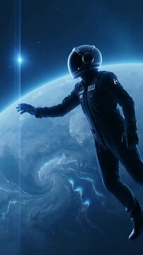 Vertical video: Drifting suited astronaut reaching toward luring beam over planet visor, copy space