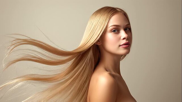Beautiful blonde woman with long flowing straight hair in a studio portrait, clean beauty and haircare concept, smooth shiny strands, soft neutral background, healthy hair and elegant hairstyle_
