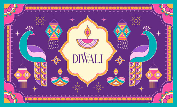 Colorful Diwali background with peacocks, Diya lamps, lanterns and abstract decorative design elements. Ethnic template with geometric and floral motifs. Oriental vector illustration