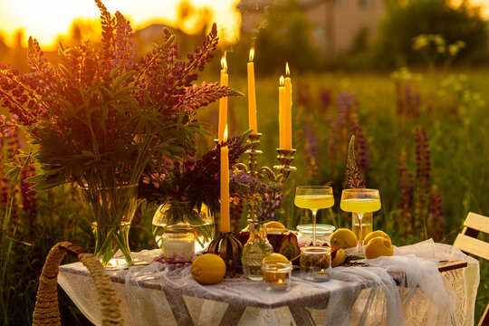 Simple countryside beautiful wedding decor, surprise romantic date outdoors, garden arrangement with lupins flowers on a meadow. Fruits, rose wine, burning candles. Sunset, candlelight, golden hour.