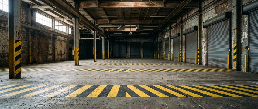 Empty Industrial Warehouse Interior with Yellow Safety Lines and Roller Doors