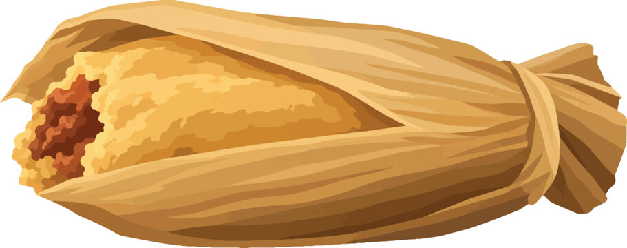 Steamed tamale in corn husk, side profile left, mexican staple, decorative vector illustration