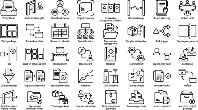 Project Management Lifecycle and Workflow Outline Icon Set