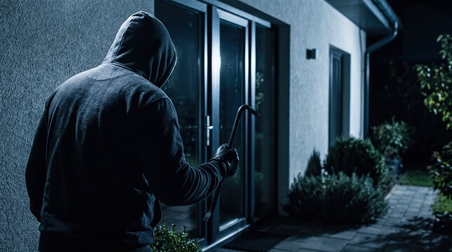 Dark figure wearing a hooded jacket attempts to break into a home at night by using a crowbar on a glass door to gain unauthorized access to the