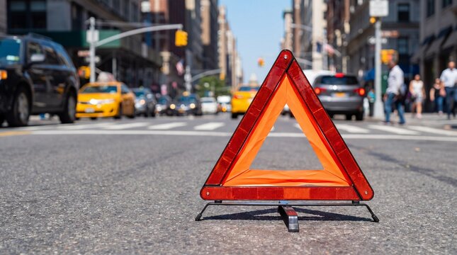 Emergency warning triangle placed on city street amid traffic. Roadside breakdown safety signal for passing drivers. Vehicle emergency preparedness and hazard response. Urban traffic safety.