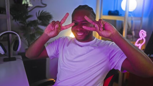 Man in a streaming studio flashes double peace signs with hands and smiles, headset and neon flamingo lamp visible; joy playfulness.