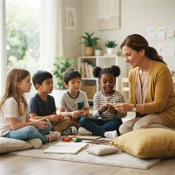 Teacher in a mustard cardigan sitting with four young children under gentle light