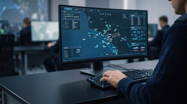Technicians observe coastal navigation data and vessel status on large computer screens while working in a secure naval operations center to manage