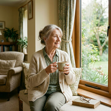 Older woman with a mug in a wicker chair beside a window onto greenery