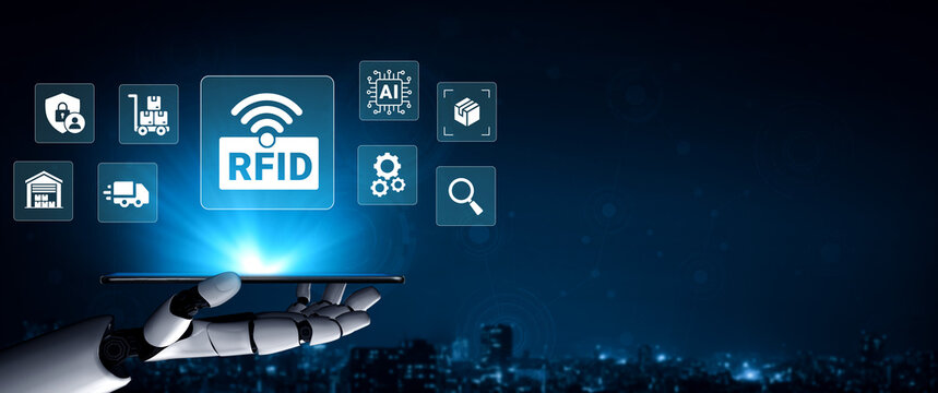 A robotic hand showcases RFID technology against a dark cityscape, highlighting the intersection of automation and digital innovation for future industries. Ledger