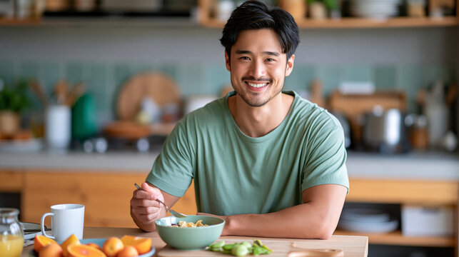 Asian man smiling naturally while enjoying breakfast at home, bowl of cereal and fresh fruit on the table, healthy routine, morning wellness, diverse lifestyle, authentic