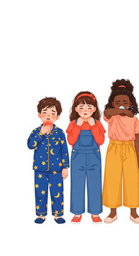 Illustration of children experiencing sickness, one with a sore throat, another with a cough, and a third sneezing, representing childhood illness and care