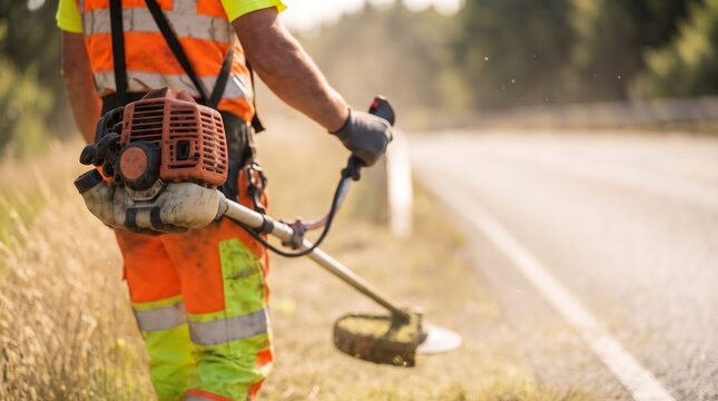 Highway maintenance worker operating a brush cutter on a grassy roadside