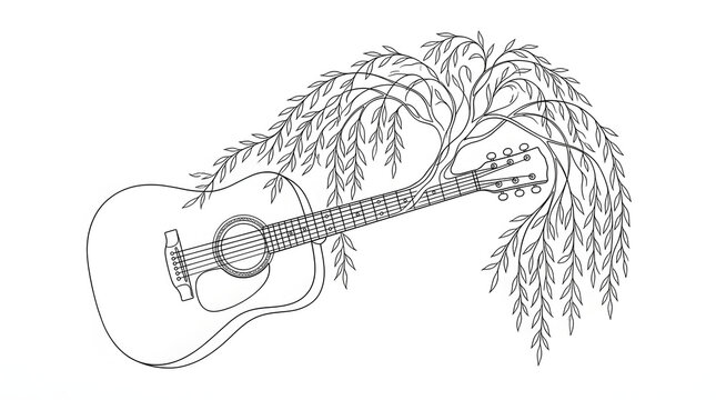 Minimalist Acoustic Guitar Line Art Concept, Willow Tree Growing From Musical Instrument, Folk Music Nature Vector Graphic isolated on White Background