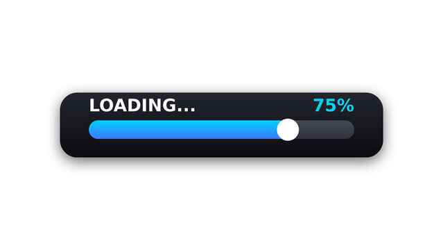 Dark bar with blue gradient loading progress bar at 75 percent on transparent background