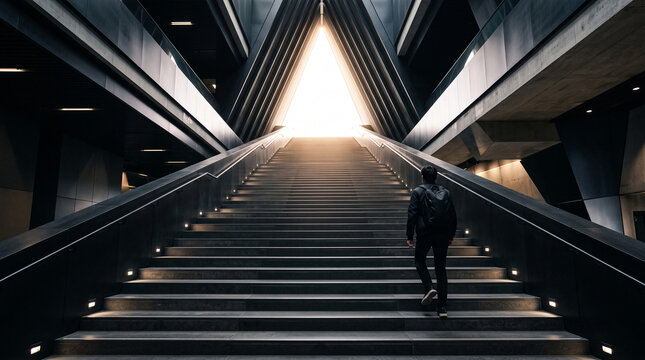 Modern architecture with illuminated stairs leading to a bright apex, symbolizing ascent, aspiration, and discovery, perfect for business or personal growth concepts.