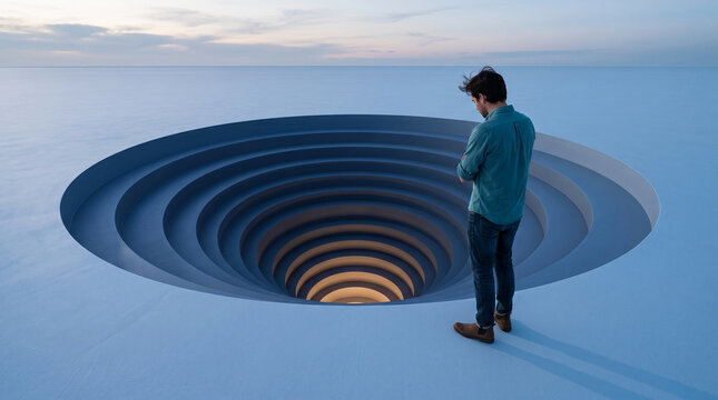 Man stands at the edge of a circular geometric hole, symbolizing mystery, existential thought, and the unknown future, abstract concept