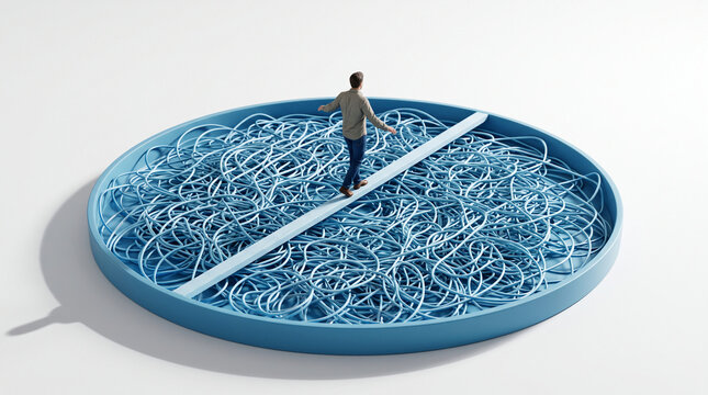 A man walks on a narrow plank across a blue bowl filled with tangled cords, symbolizing a difficult journey through complexity and confusion, a challenge.