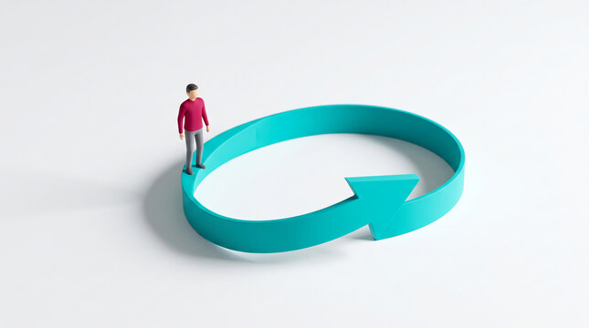 A miniature person stands on a turquoise arrow loop, symbolizing journey, progress, or cyclical movement, perfect for business or conceptual themes