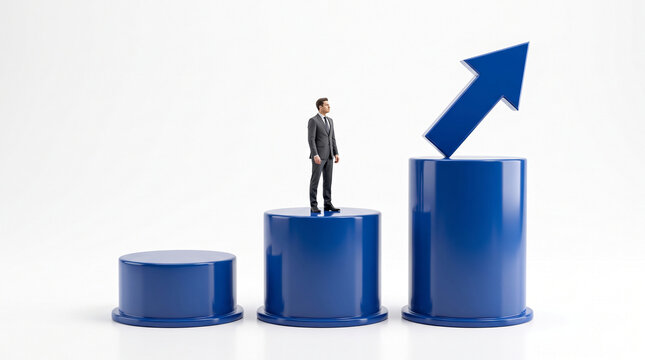 Man in suit on bar graph podium with upward arrow, symbolizing business growth, success, and progress. Showcase, stage, mockup, free space, text.