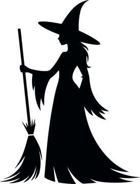 Black silhouette of a standing witch wearing a pointy hat and holding a long wooden broomstick