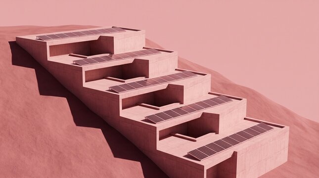 Stepped pink concrete terraces with rooftop solar panel strips on a dune hillside, tonal architecture concept