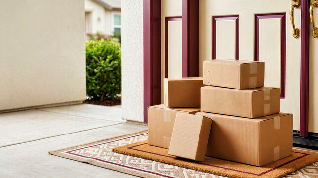 Stacked cardboard shipping boxes on patterned welcome mat at residential front door. Home delivery service concept with packages left at entrance, cream and burgundy doorway with brass handles