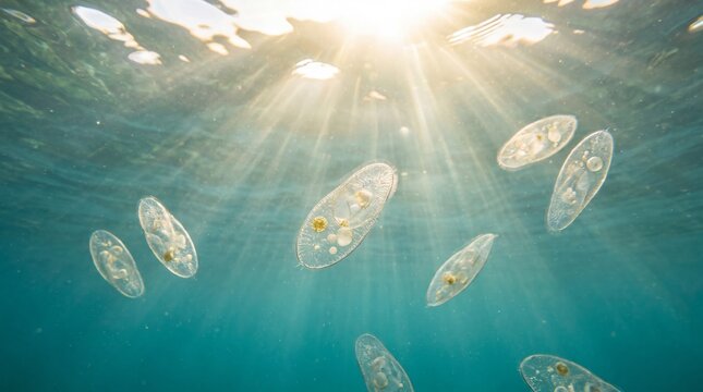 Paramecia floating beneath sunlit water surface. Single-celled microorganisms in freshwater ecosystem. Microscopic biology and aquatic life. Plankton, microbiology and science education.
