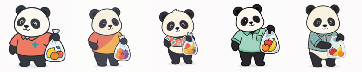 A set of cute smiling panda vectors holding a transparent plastic bag filled with fruit. © Jefri Syahputra BKL