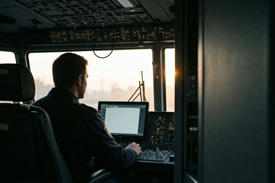 Ship captain navigating from wheelhouse dashboard