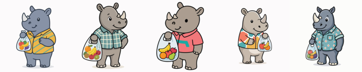 A set of cute, smiling rhino vectors holding a transparent plastic bag filled with fruit. © Jefri Syahputra BKL