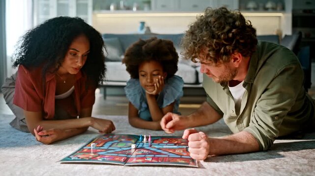Board game night home. Mixed race parents child playing floor living room.