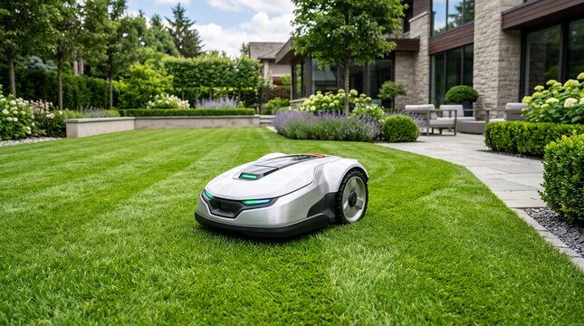 Robotic lawn mower cutting manicured grass in luxurious modern backyard