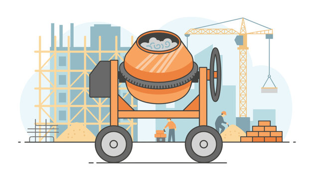 Industrial concrete cement mixer machine on wheels at a construction site with building scaffolding and a crane in the background.