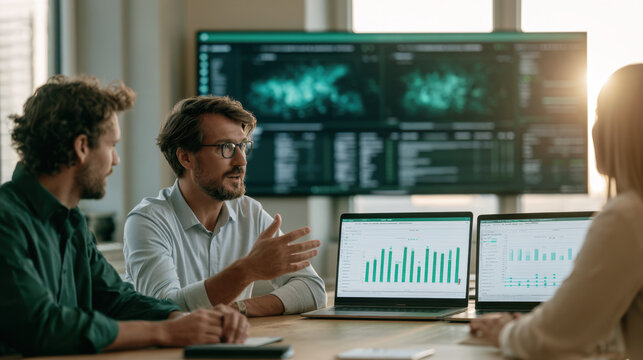 Business team reviews annual esg performance using laptops and large data dashboards during a sustainability strategy meeting