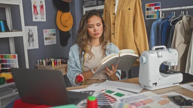 Young hispanic woman dressmaker reads book, turns page at desk with laptop and sewing machine in design studio; creative concentration.