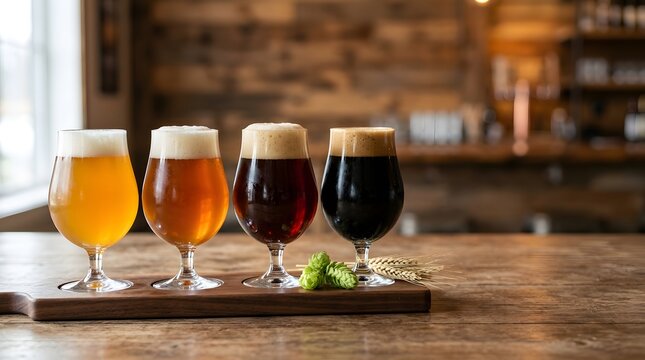 Craft beer tasting flight on wooden board in a brewery for international beer day celebration concept, featuring assorted ales, stouts and hops on rustic bar counter