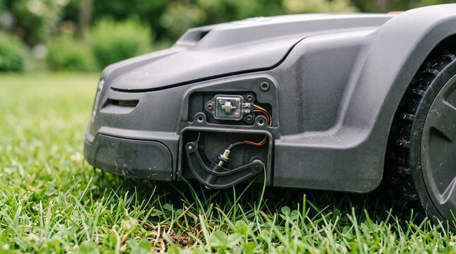 Robotic lawn mower front sensor detail close-up on green grass